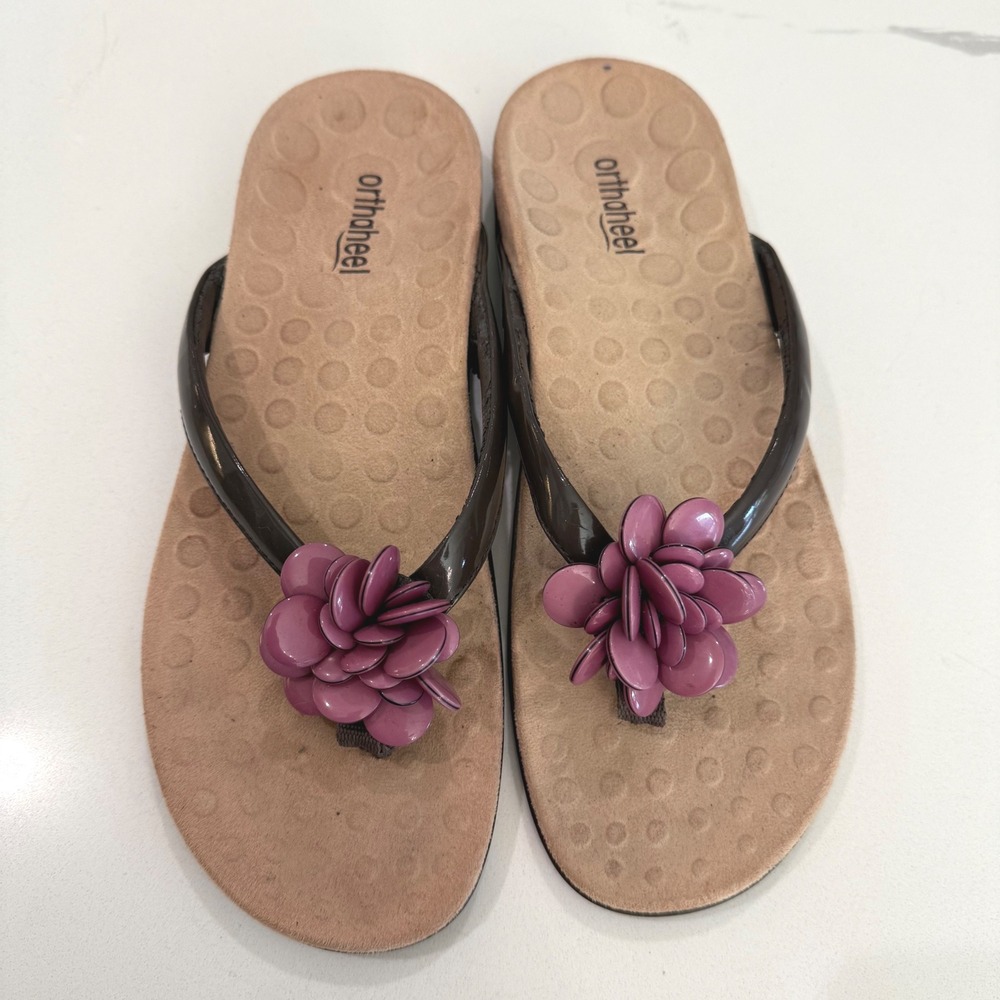 Orthaheel Flip Flops Sz US 8 EU 39‎ Vionic Fleur Brown Thong Sandals Pink Flower